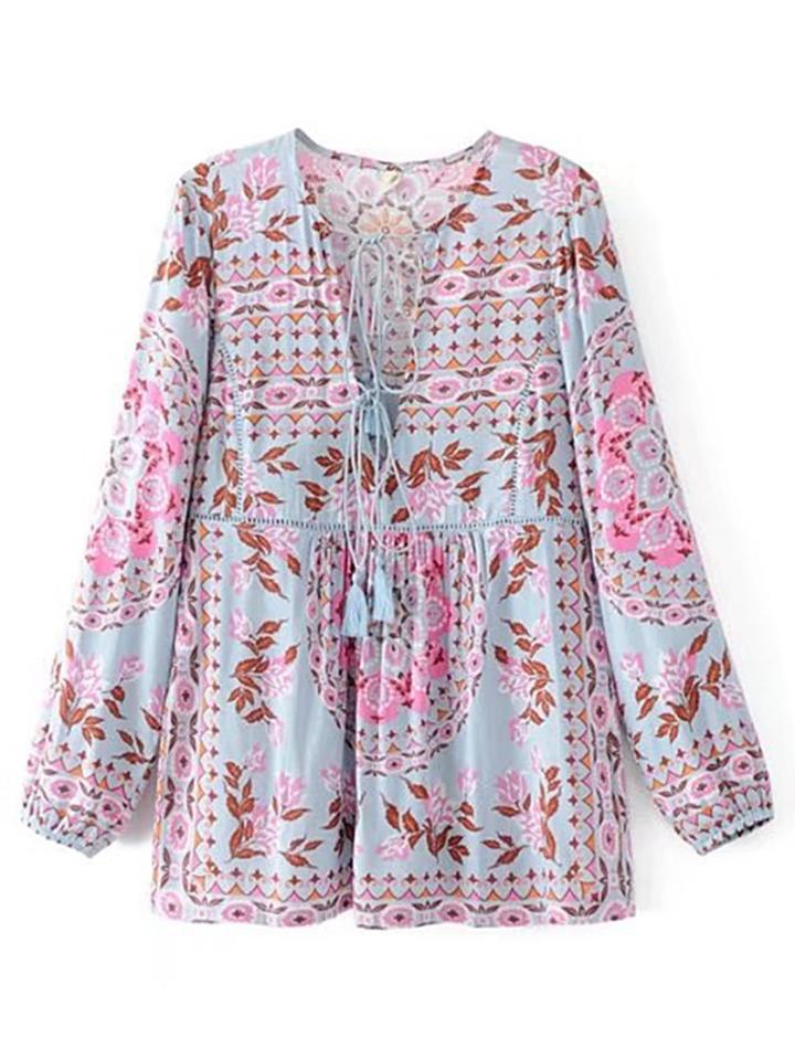 Shein Tassel Tie V Neck Floral Top