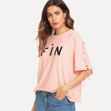 Shein Lace-up Letter Print Top