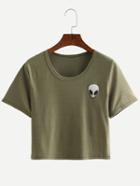 Shein Alien Print Crop T-shirt - Olive Green