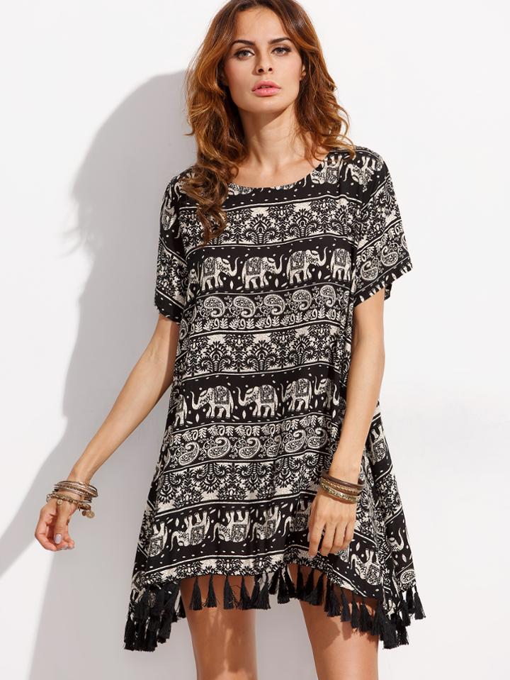 Shein Black Tassel Trim Tribal Print Dress