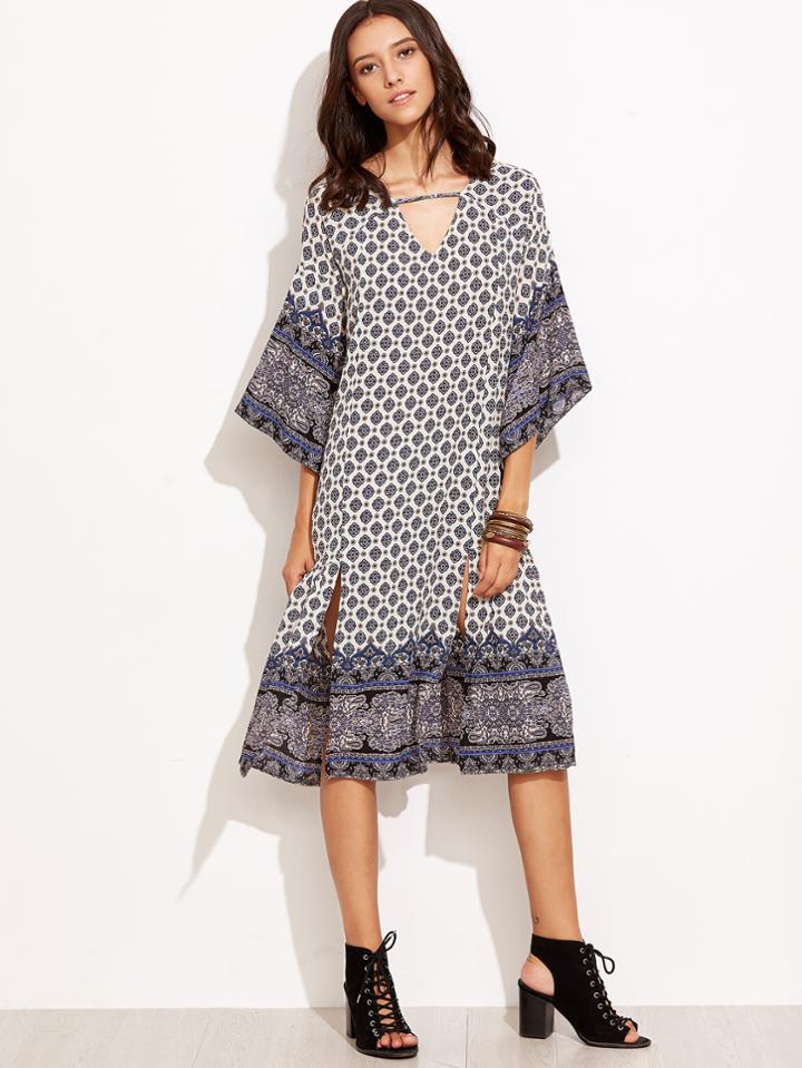 Shein Vintage Print V Neck Cutout Split Hem Dress