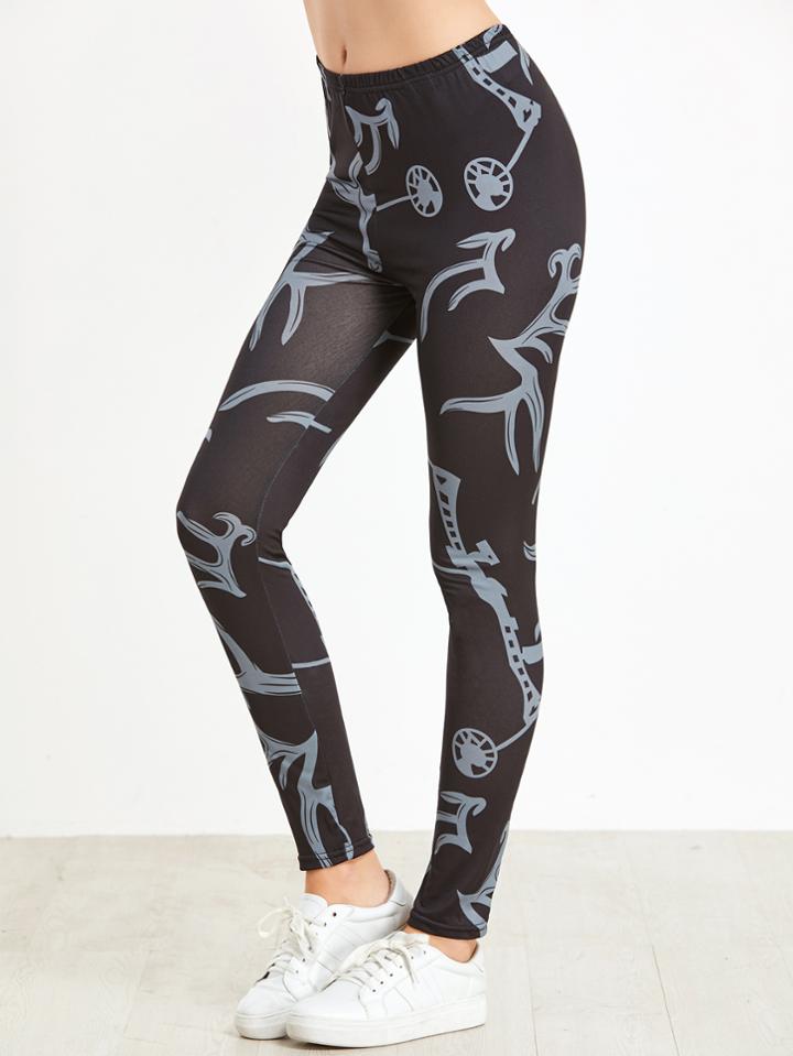Shein Black Print Elastic Waist Leggings