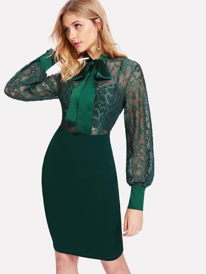 Shein Tie Neck Floral Lace Bodice Fitted Dress