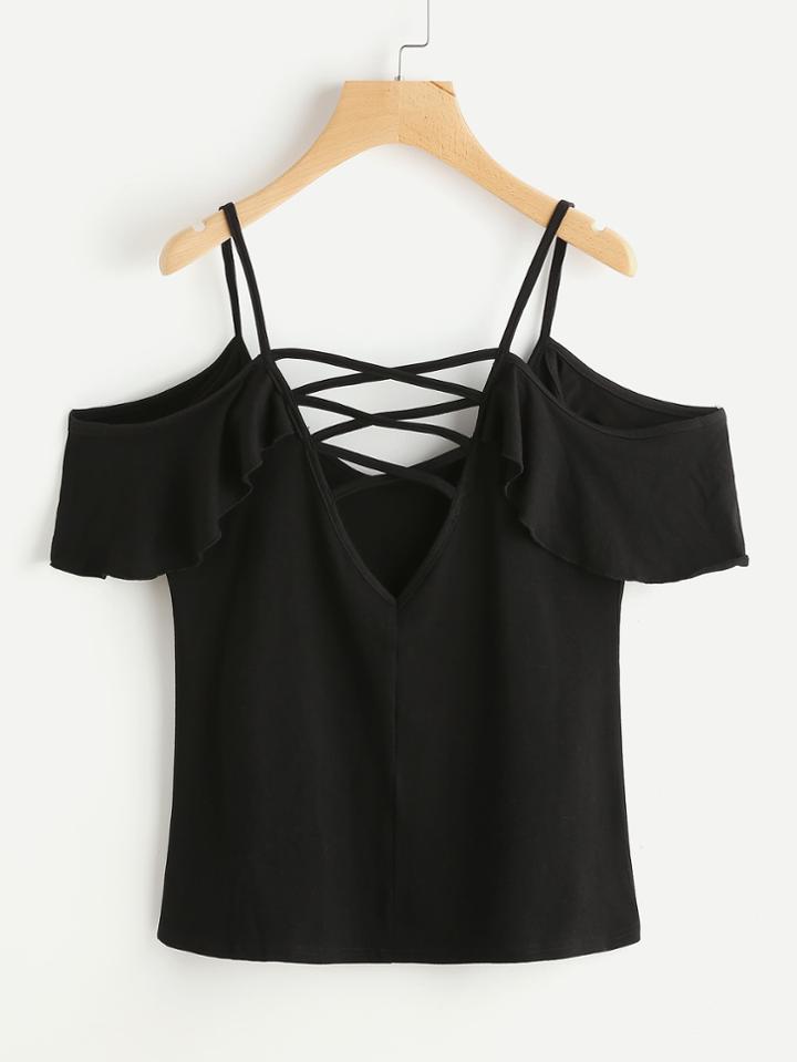 Shein Crisscross V Back Frill Trim T-shirt