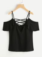 Shein Crisscross V Back Frill Trim T-shirt