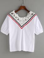 Shein Crochet Trimmed Red V Neck Puff Sleeve Top