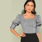 Shein Buttoned Gigot Sleeve Gingham Top