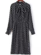 Shein Black Bow Collar Polka Dot Ruched Dress