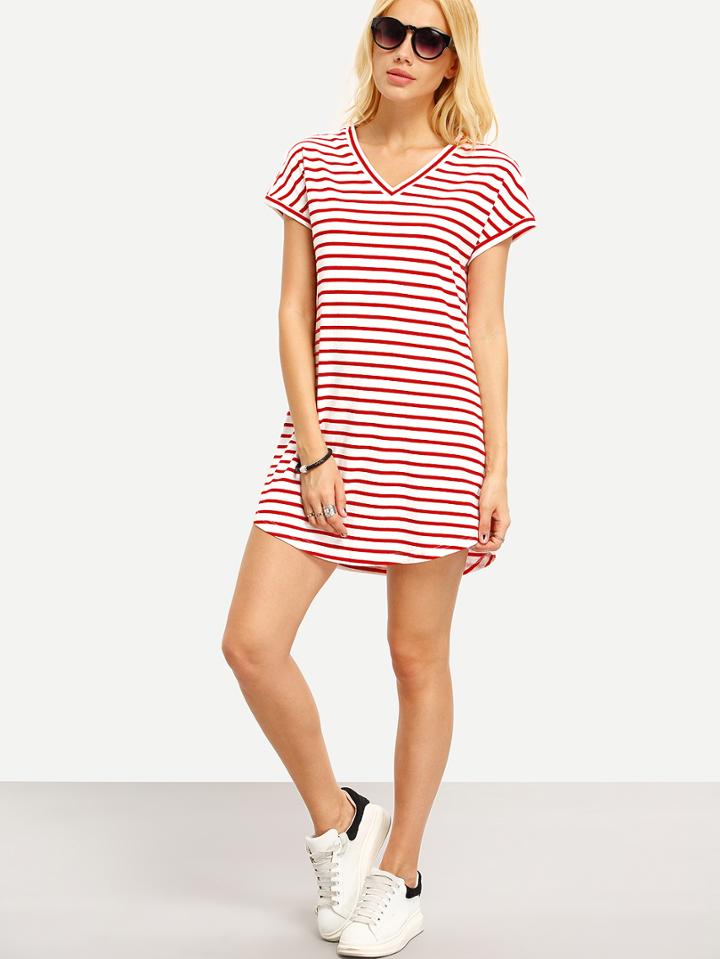 Shein Red White Stripe V Neck Casual Dress