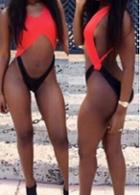 Rosewe Hollow Front Black And Orange Patchwork Monokini