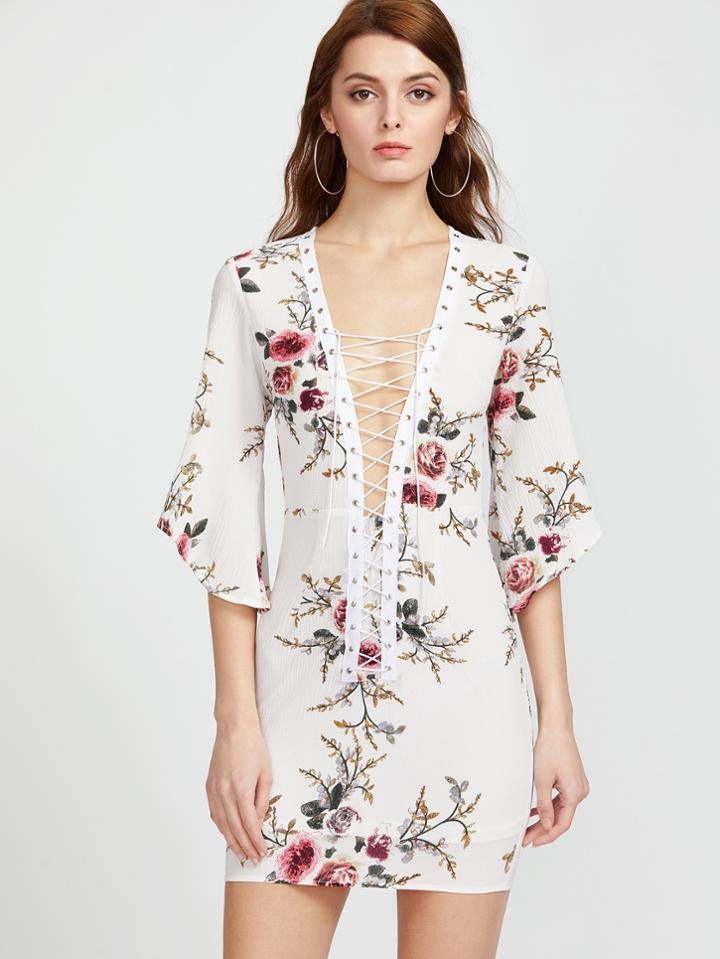 Shein Plunging Floral Print Lace Up Elbow Sleeve Dress