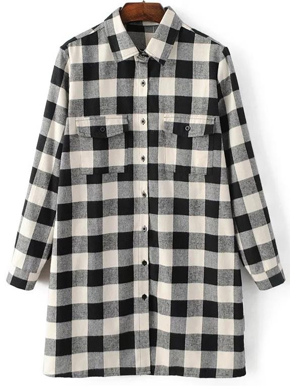 Shein Black And White Plaid Longline Blouse With Pocket