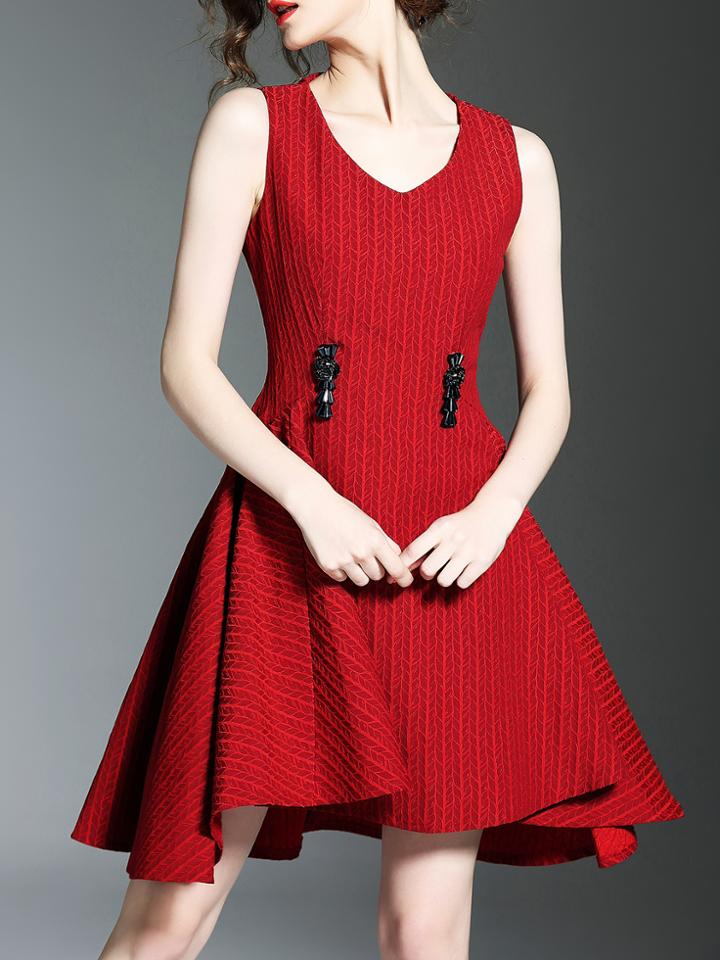 Shein Red V Neck Jacquard A-line Dress