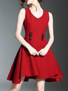 Shein Red V Neck Jacquard A-line Dress