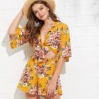 Shein Trumpet Sleeve Cut Out Knot Floral Romper