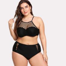 Shein Plus Eyelet Overlay Halter Bikini Set