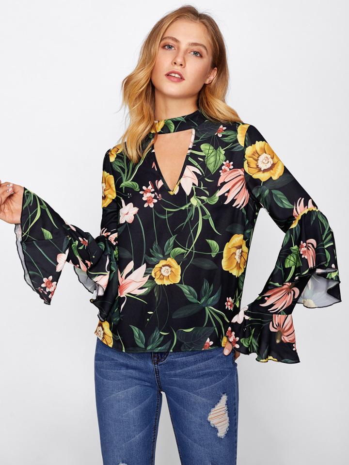 Shein Tiered Trumpet Sleeve Choker Neck Botanical Blouse