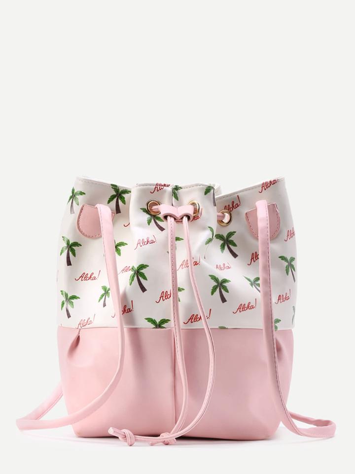 Shein Two Tone Palm And Letter Print Drawstring Bucket Bag
