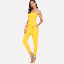 Shein Strapless Shirred Detail Solid Jumpsuit