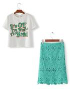 Shein Slogan Print Tee With Lace Skirt