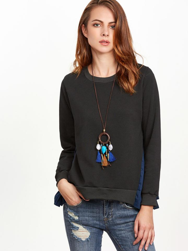 Shein Contrast Trim Pleated Side High Low Sweatshirt