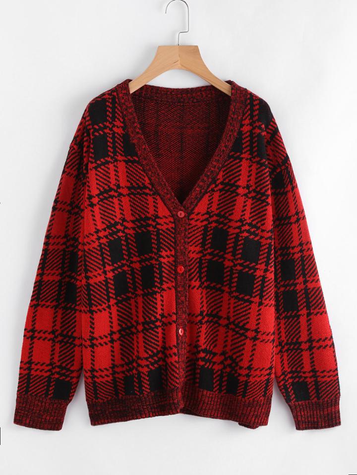 Shein Tartan Pattern Drop Shoulder Sweater Coat