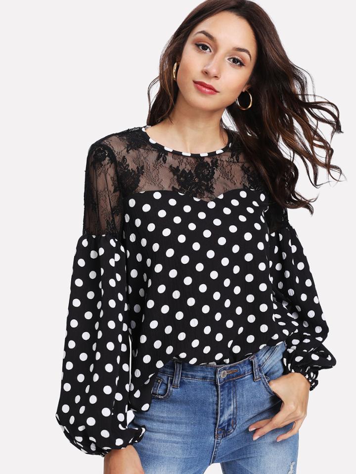 Shein Floral Lace Shoulder Polka Dot Top