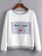 Shein White Contrast Trim Embroidered Patch Sweatshirt