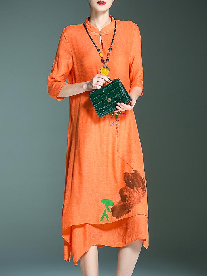 Shein Orange Collar Flowers Print Shift Dress