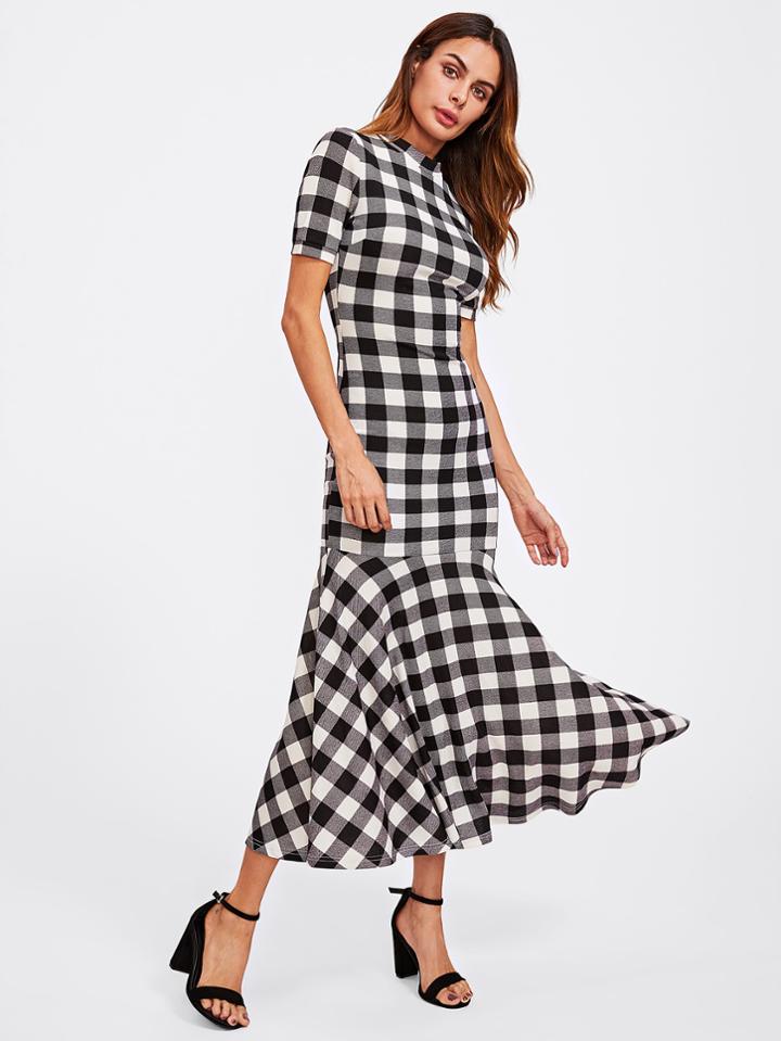 Shein Mock Neck Checked Trumpet Dress