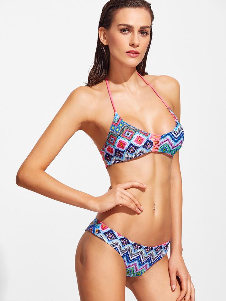 Shein Blue Geometric Print Strappy Back Bikini Set