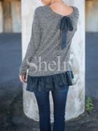 Shein Grey Long Sleeve Color Block Bow Ruffle T-shirt