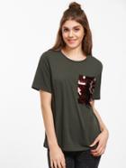 Shein Army Green Sequin Trim T-shirt