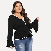 Shein Plus Contrast Tipping Flounce Sleeve Blouse