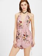 Shein Plunge Halter Self Tie Backless Floral Playsuit