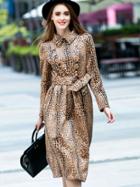Shein Multicolor Lapel Long Sleeve Tie-waist Leopard Print Pockets Dress