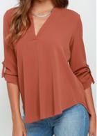 Rosewe Rust Long Sleeve V Neck Chiffon Shirt