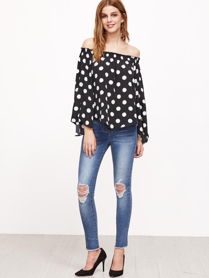 Shein Black Polka Dot Print Off The Shoulder Top