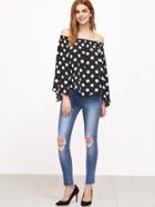 Shein Black Polka Dot Print Off The Shoulder Top