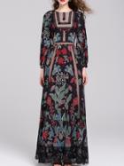 Shein Black Crew Neck Print Contrast Lace Maxi Dress