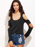 Shein Black Cut Out Shoulder Button T-shirt