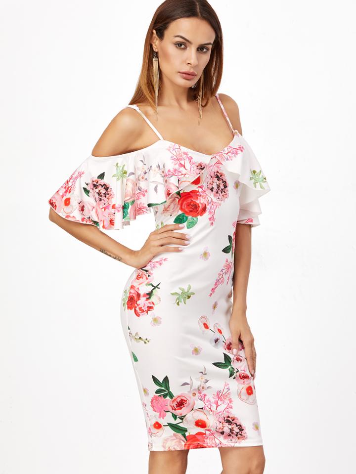 Shein White Rose Print Cold Shoulder Ruffle Dress