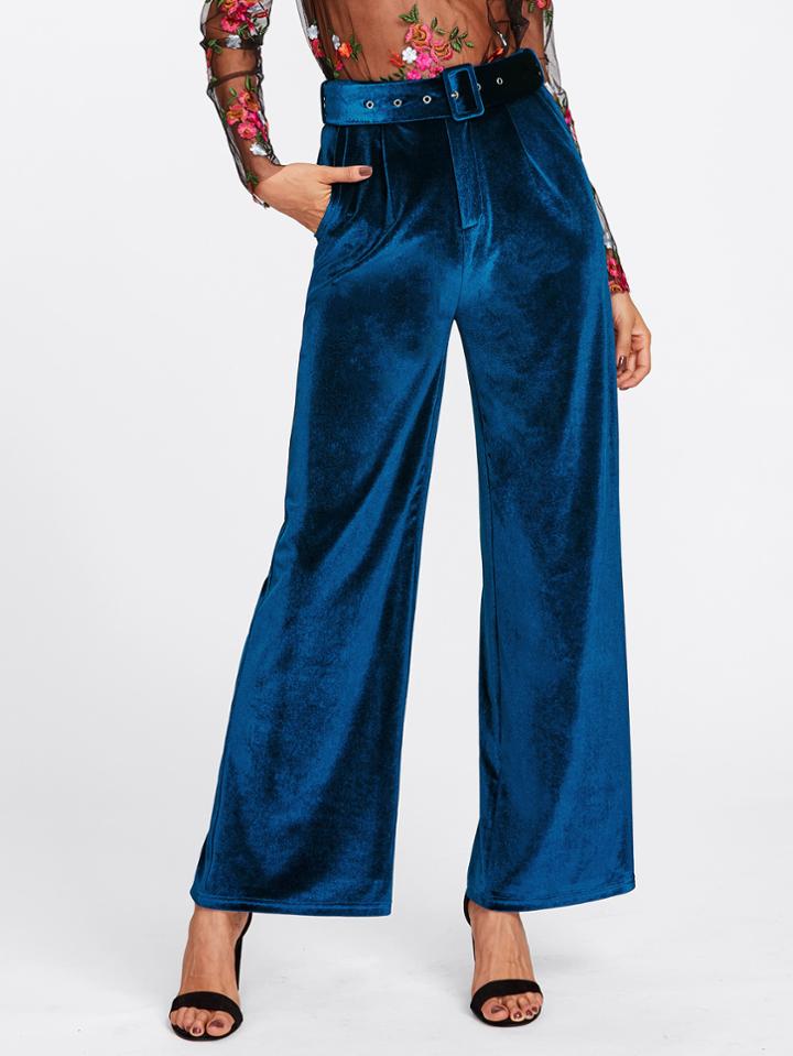 Shein Buckle Belt Detail Velvet Palazzo Pants