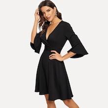 Shein Wrap V Neck Flounce Sleeve Fit & Flare Dress