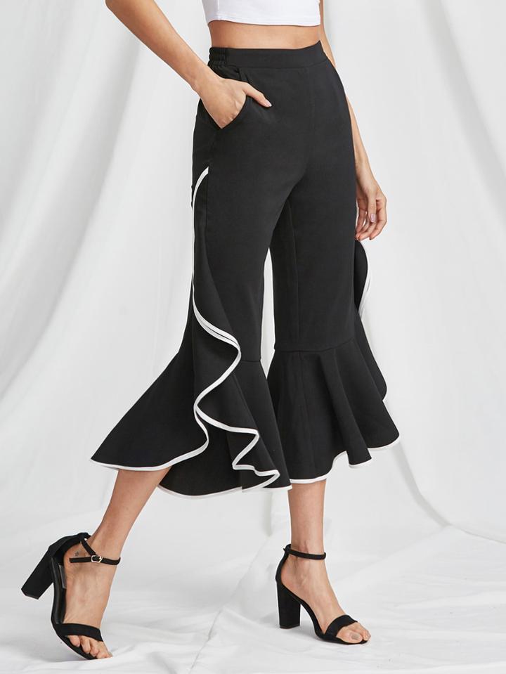 Shein Contrast Binding Ruffle Trim Flared Pants