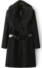 Shein Black Faux Fur Collar Slim Woolen Coat