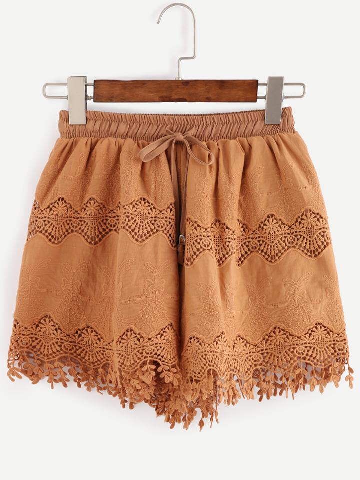 Shein Camel Crochet Insert Embroidered Drawstring Shorts