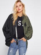 Shein Two Tone Patch Back Letter Ribbon Detail Bomber Jacket