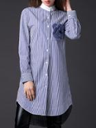 Shein Blue High Low Flower Pocket Striped Shirt Dress