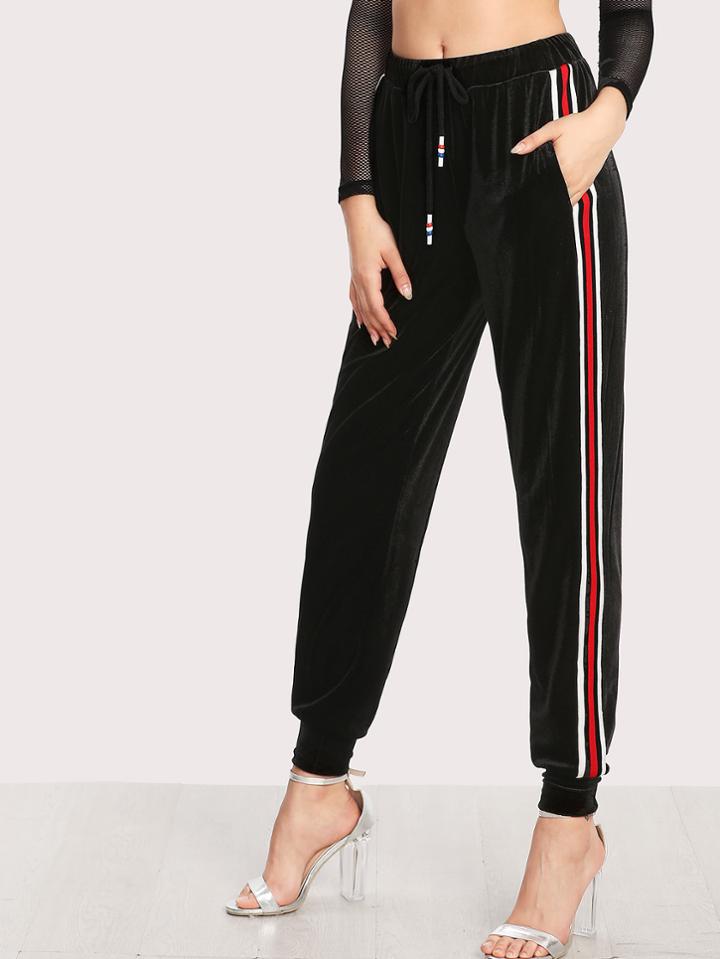 Shein Striped Tape Applique Velvet Pants